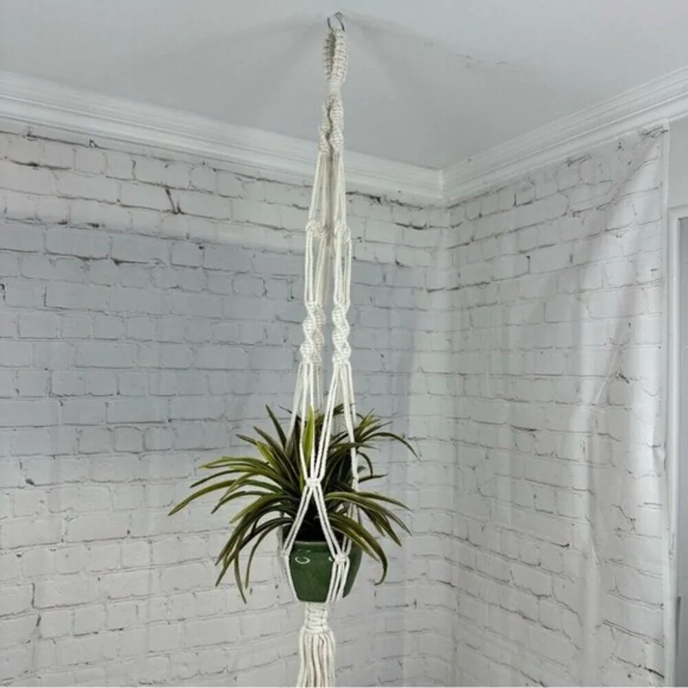 Set of 4 Macrame‎ Plant Hangers Off White Cotton Boho Beaded Indoor Outdoor NEW